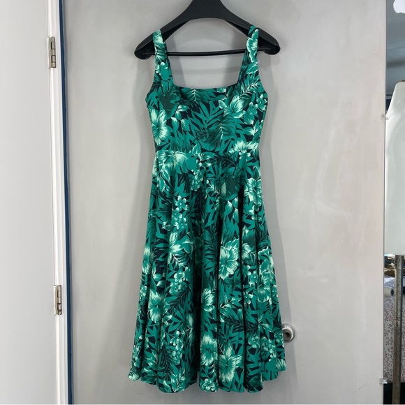 Zara Woman Green Tropical Fit and Flare Dress Size Medium  Palm Hawaiian - Picture 8 of 11
